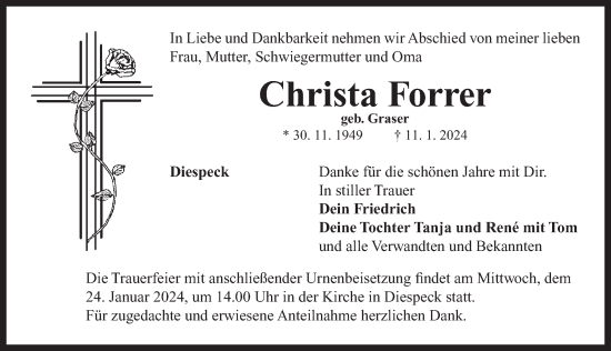 Traueranzeige von Christa Forrer von Neustadt/ Scheinfeld/ Uffenheim