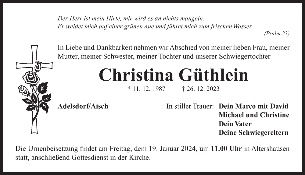  Traueranzeige für Christina Güthlein vom 17.01.2024 aus Neustadt/ Scheinfeld/ Uffenheim