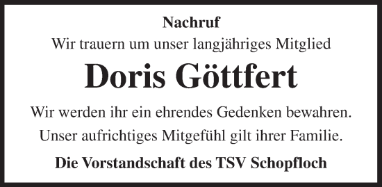 Traueranzeige von Doris Göttfert von Dinkelsbühl/ Feuchtwangen