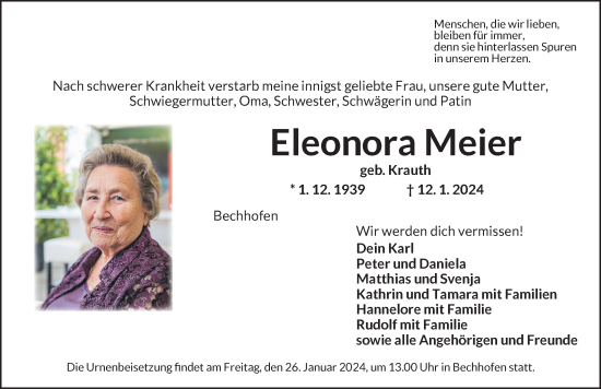 Traueranzeige von Eleonora Meier von Dinkelsbühl/ Feuchtwangen