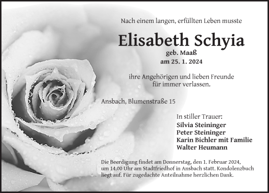 Traueranzeige von Elisabeth Schyia von Ansbach