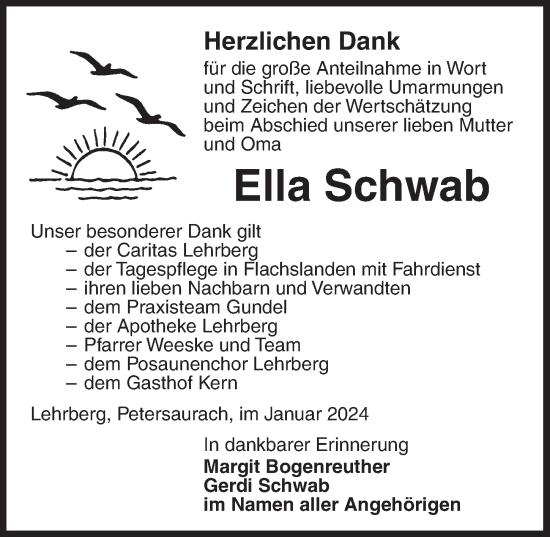 Traueranzeige von Ella Schwab von Ansbach