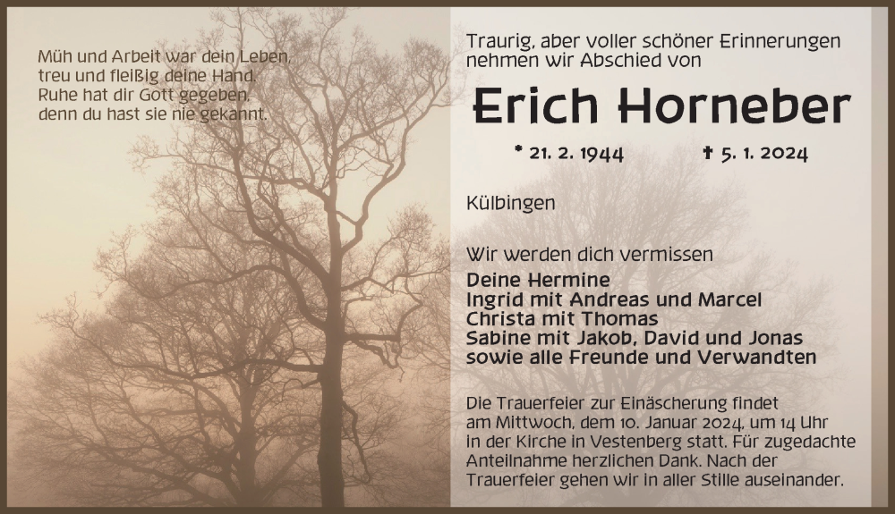  Traueranzeige für Erich Horneber vom 09.01.2024 aus Ansbach