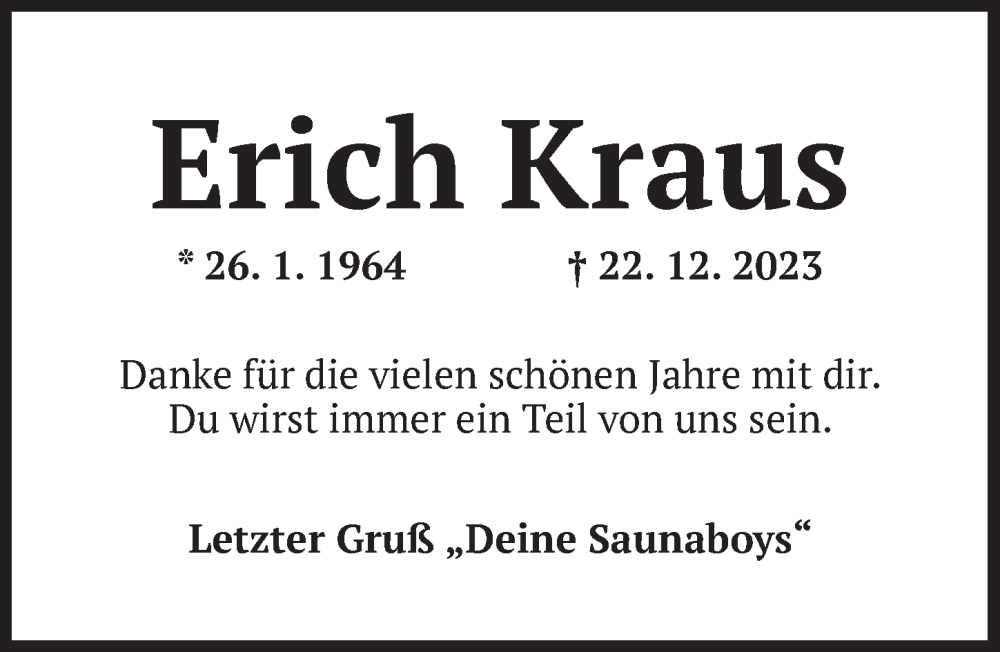  Traueranzeige für Erich Kraus vom 10.01.2024 aus Dinkelsbühl/ Feuchtwangen