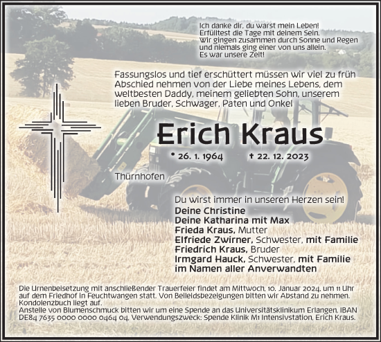 Traueranzeige von Erich Kraus von Dinkelsbühl/ Feuchtwangen