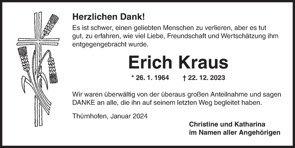  Traueranzeige für Erich Kraus vom 22.01.2024 aus Dinkelsbühl/ Feuchtwangen