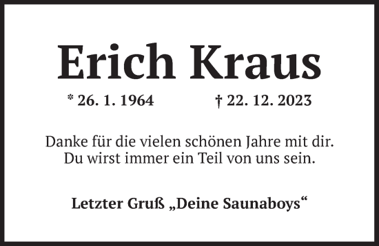 Traueranzeige von Erich Kraus von Dinkelsbühl/ Feuchtwangen