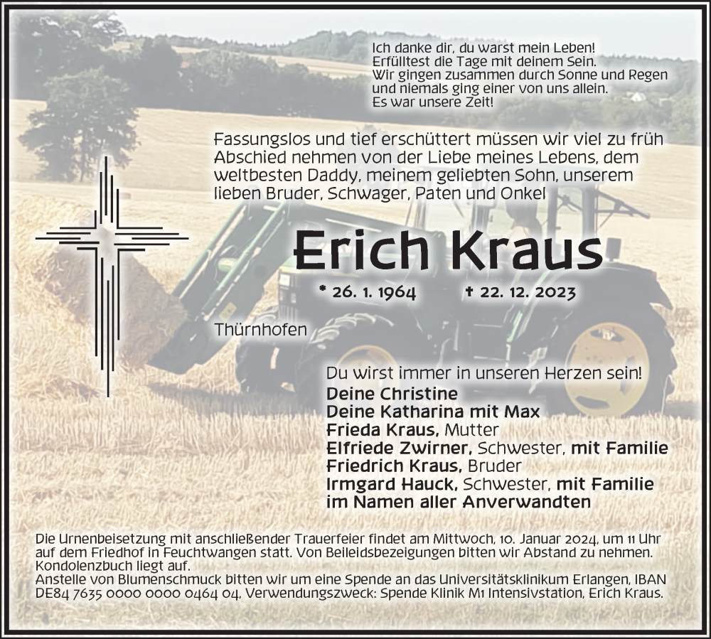  Traueranzeige für Erich Kraus vom 08.01.2024 aus Dinkelsbühl/ Feuchtwangen