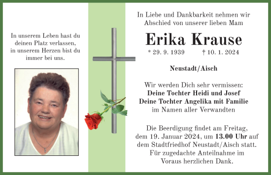 Traueranzeige von Erika Krause von Neustadt/ Scheinfeld/ Uffenheim