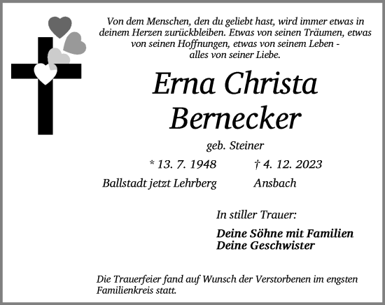 Traueranzeige von Erna Christa Bernecker von Ansbach