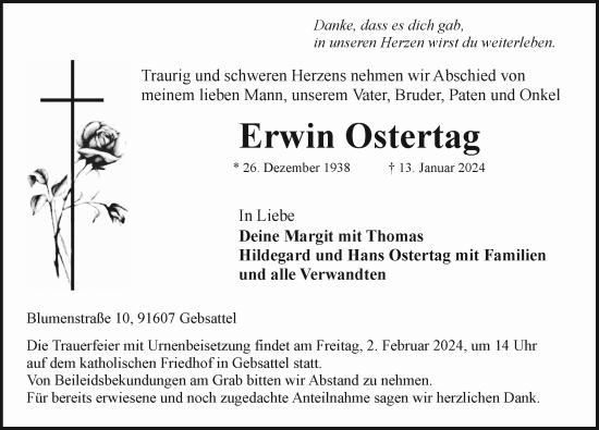 Traueranzeige von Erwin Ostertag von Rothenburg