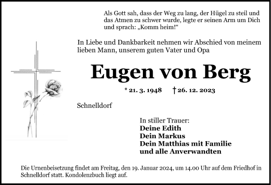 Traueranzeige von Eugen von Berg von Dinkelsbühl/ Feuchtwangen