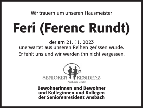 Traueranzeige von Ferenc Rundt von Ansbach