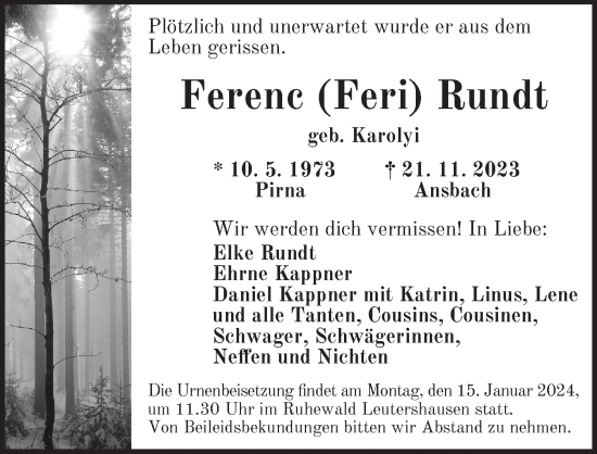 Traueranzeige von Ferenc Rundt von Ansbach
