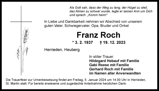 Traueranzeige von Franz Roch von Dinkelsbühl/ Feuchtwangen