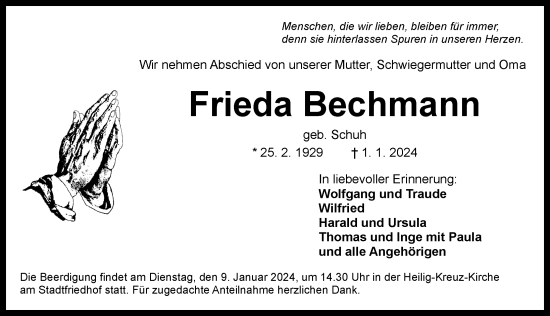 Traueranzeige von Frieda Bechmann von Ansbach