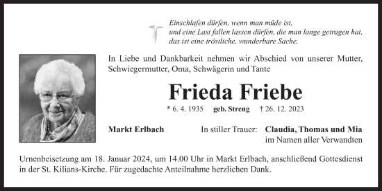 Traueranzeige von Frieda Friebe von Neustadt/ Scheinfeld/ Uffenheim