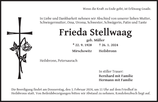 Traueranzeige von Frieda Stellwaag von Ansbach