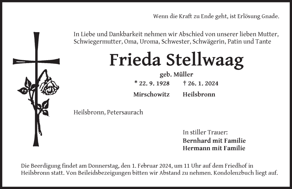  Traueranzeige für Frieda Stellwaag vom 30.01.2024 aus Ansbach