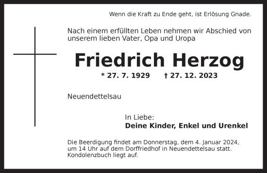 Traueranzeige von Friedrich Herzog von Ansbach