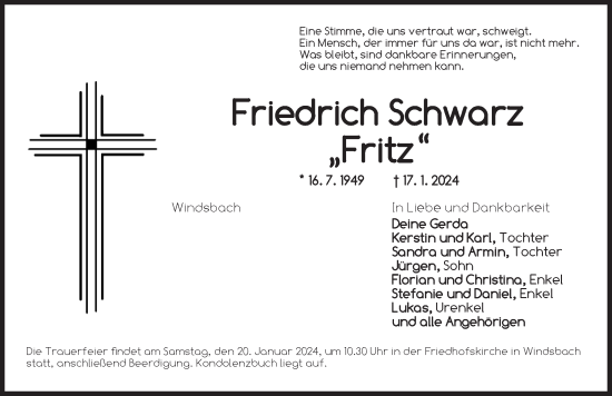 Traueranzeige von Friedrich Schwarz von Ansbach