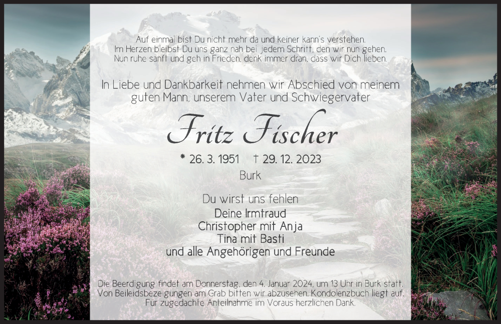  Traueranzeige für Fritz Fischer vom 03.01.2024 aus Dinkelsbühl/ Feuchtwangen