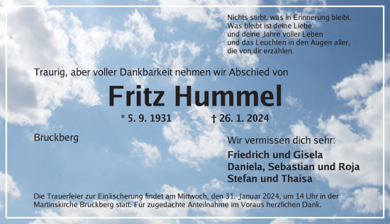 Traueranzeige von Fritz Hummel von Ansbach