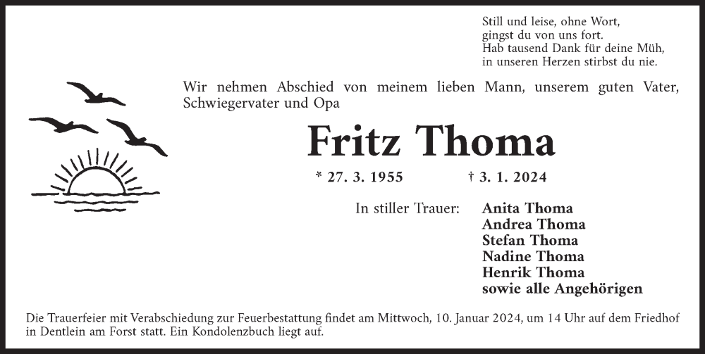  Traueranzeige für Fritz Thoma vom 08.01.2024 aus Dinkelsbühl/ Feuchtwangen