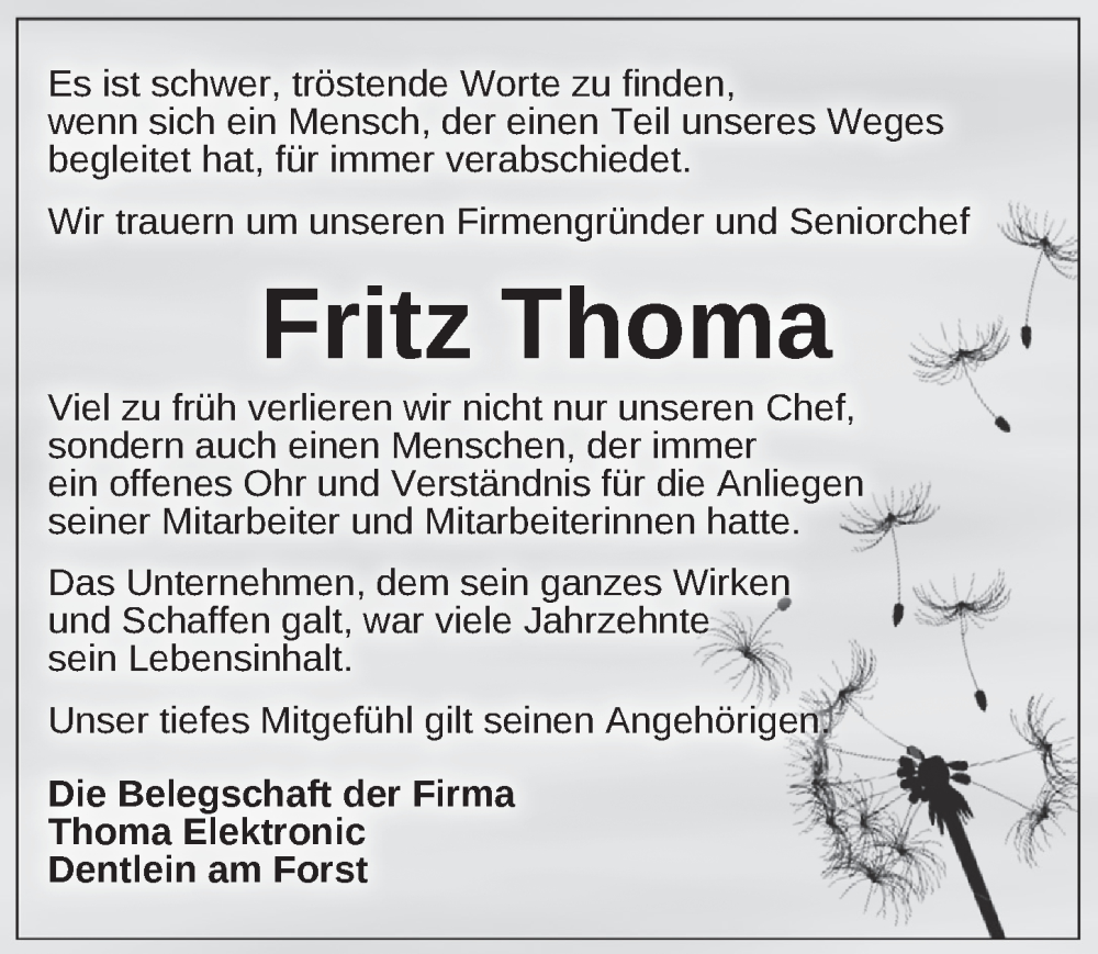  Traueranzeige für Fritz Thoma vom 13.01.2024 aus Dinkelsbühl/ Feuchtwangen