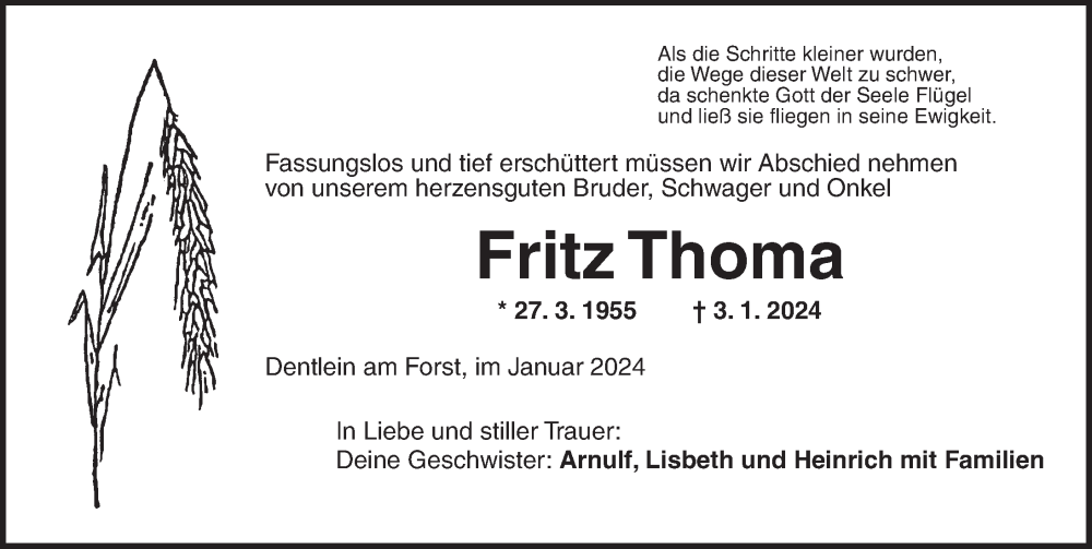  Traueranzeige für Fritz Thoma vom 09.01.2024 aus Dinkelsbühl/ Feuchtwangen