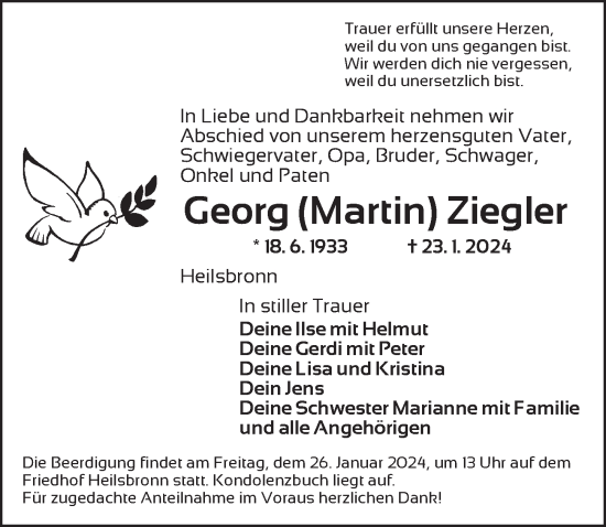 Traueranzeige von Georg Martin Ziegler von Ansbach