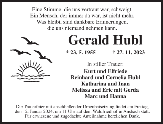 Traueranzeige von Gerald Hubl von Ansbach