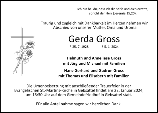 Traueranzeige von Gerda Gross von Rothenburg