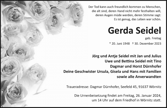 Traueranzeige von Gerda Seidel von GE