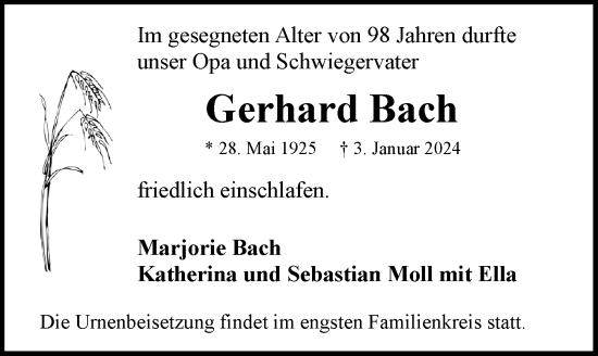 Traueranzeige von Gerhard Bach von Rothenburg