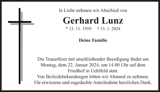 Traueranzeige von Gerhard Lunz von Neustadt/ Scheinfeld/ Uffenheim