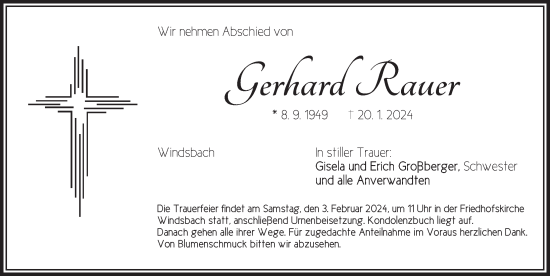 Traueranzeige von Gerhard Rauer von Ansbach