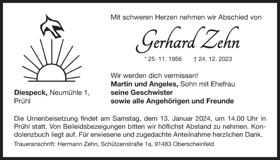 Traueranzeige von Gerhard Zehn von Neustadt/ Scheinfeld/ Uffenheim