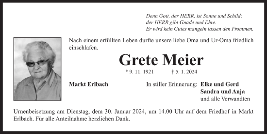 Traueranzeige von Grete Meier von Neustadt/ Scheinfeld/ Uffenheim