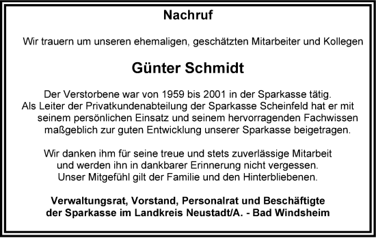 Traueranzeige von Günter Schmidt von Neustadt/ Scheinfeld/ Uffenheim