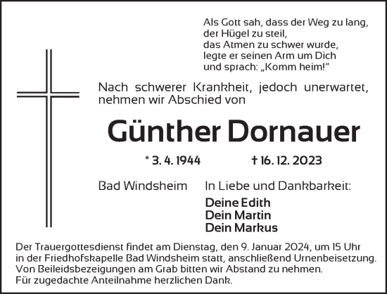 Traueranzeige von Günther Dornauer von Neustadt/ Scheinfeld/ Uffenheim