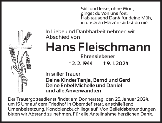 Traueranzeige von Hans Fleischmann von Neustadt/ Scheinfeld/ Uffenheim