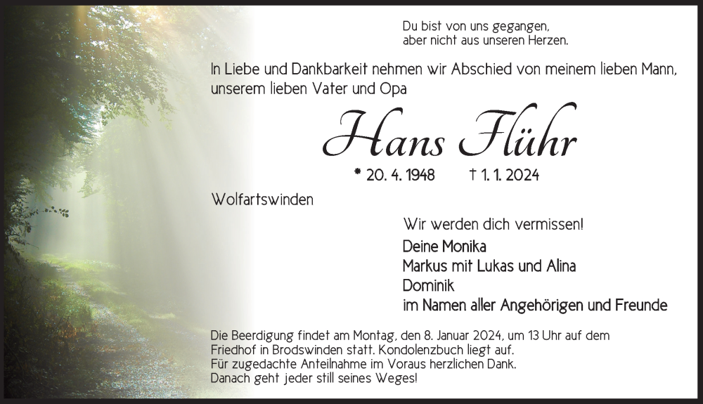  Traueranzeige für Hans Flühr vom 05.01.2024 aus Ansbach