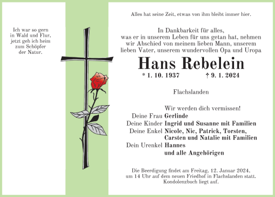 Traueranzeige von Hans Rebelein von Ansbach