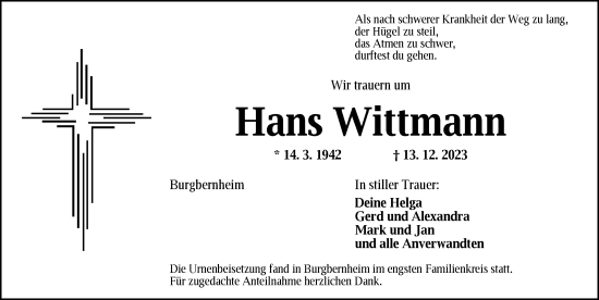 Traueranzeige von Hans Wittmann von Neustadt/ Scheinfeld/ Uffenheim