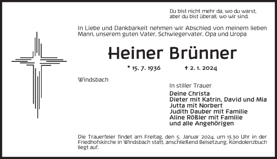 Traueranzeige von Heiner Brünner von Ansbach