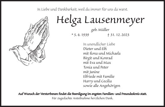 Traueranzeige von Helga Lausenmeyer von Dinkelsbühl/ Feuchtwangen