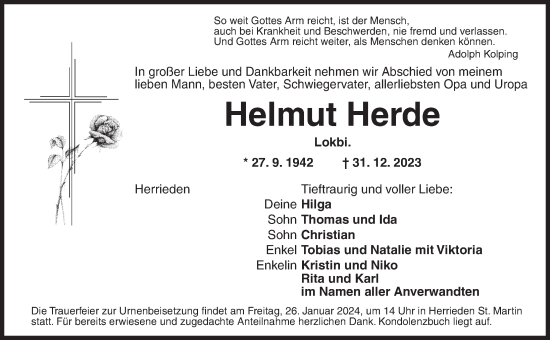 Traueranzeige von Helmut Herde von Ansbach