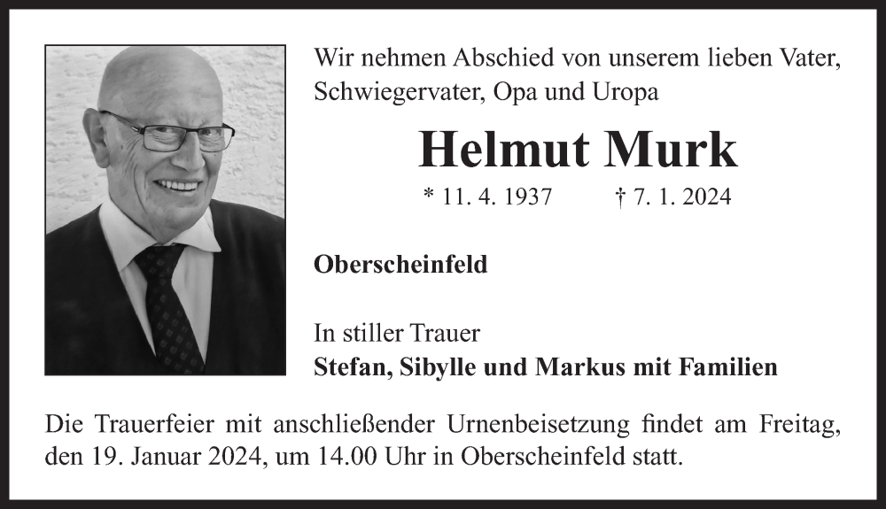  Traueranzeige für Helmut Murk vom 17.01.2024 aus Neustadt/ Scheinfeld/ Uffenheim