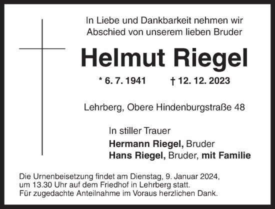 Traueranzeige von Helmut Riegel von Ansbach